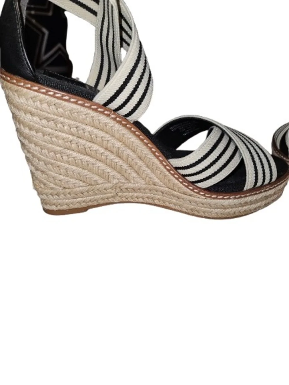 Tory Burch Frieda Espadrille Wedge Sandals Black White Striped Women's Size 7.5